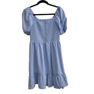 NWOT Women's Blue Babydoll Peasant Shirred Dress Mini Elastic Medium